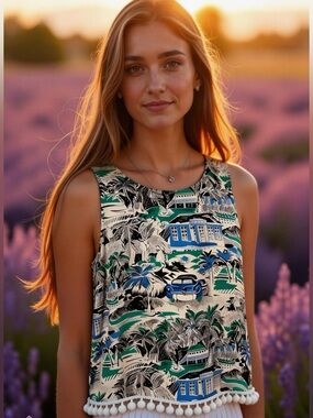 Ann Taylor Factory Vintage Cars Tropical Print Beachy Vibes Top